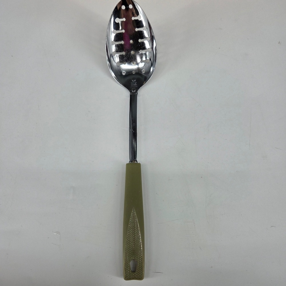 Vintage EKCO Slotted Spoon Chromium Plated Olive Green Handle Made in USA MCM